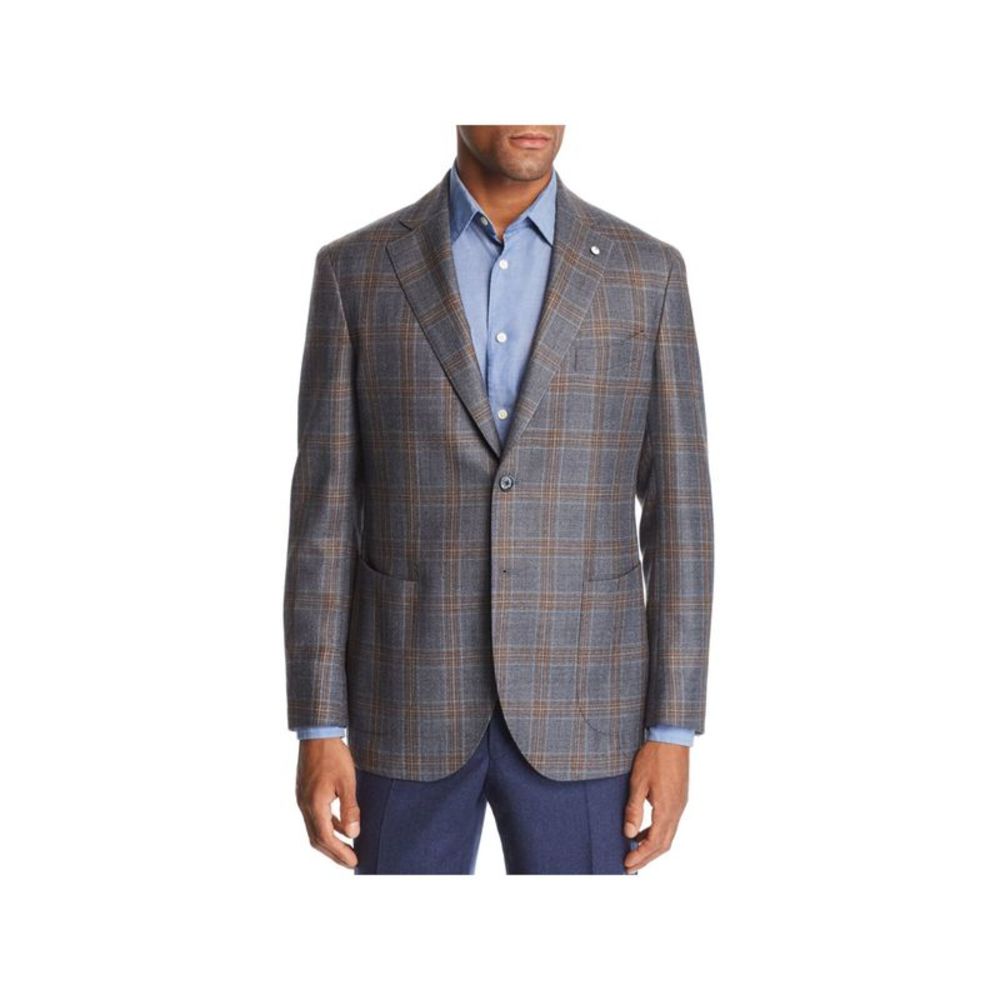 L.B.M. 1911 Mens Gray Single Breasted Windowpane Plaid Slim Fit Blazer 56R